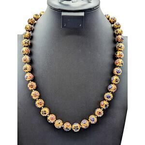 Antique Chinese Cloisonne Multi-Color Enamel Hand Knotted 14mm Bead Necklace